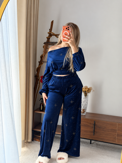 Ensemble haut pantalon OFF SHOULDER bleu nuit motif star ESTRELLA