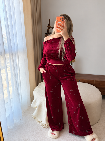 Ensemble haut pantalon OFF SHOULDER bordeaux motif star ESTRELLA