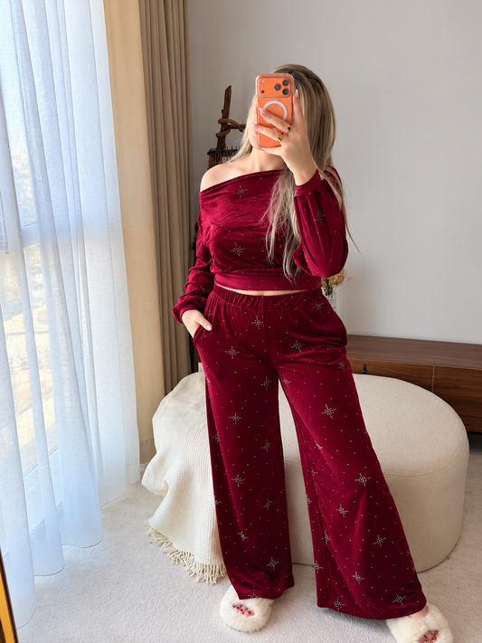 Ensemble haut pantalon OFF SHOULDER bordeaux motif star ESTRELLA