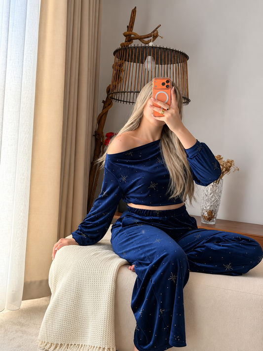Ensemble haut pantalon OFF SHOULDER bleu nuit motif star ESTRELLA