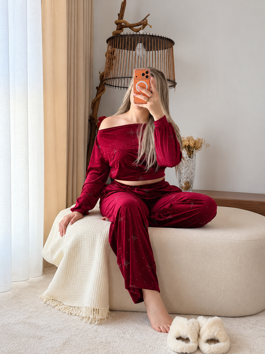 Ensemble haut pantalon OFF SHOULDER bordeaux motif star ESTRELLA