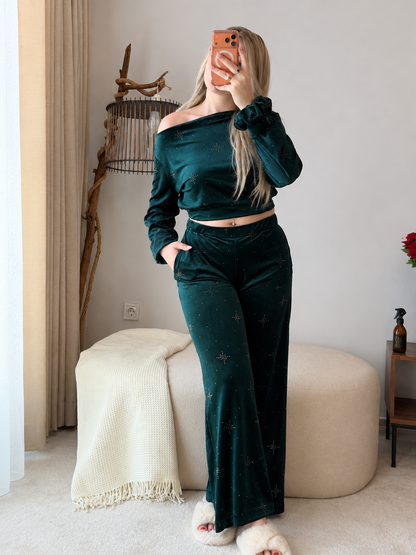 Ensemble haut pantalon OFF SHOULDER vert motif star ESTRELLA