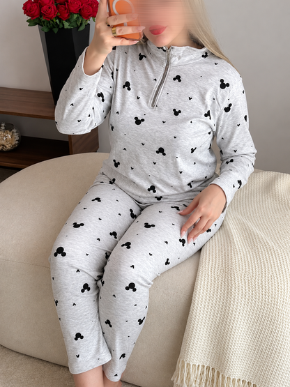 Pyjama manche long pantalon femme gris motif MICKEY