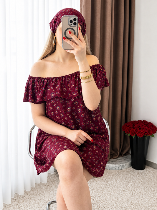 Robe 2 pièces courte à fleurs fond aubergine SINATA