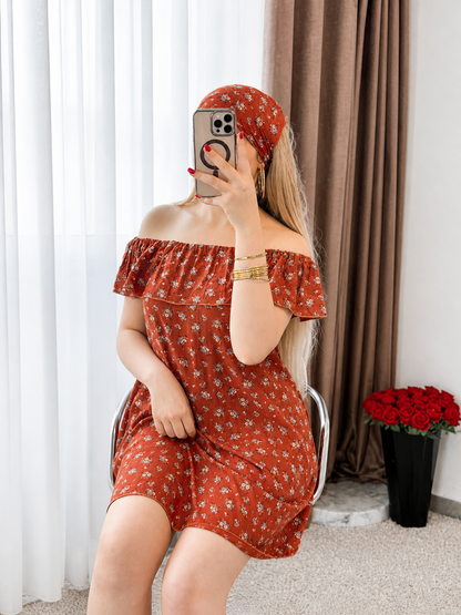 Robe 2 pièces courte à fleurs fond marron SINATA