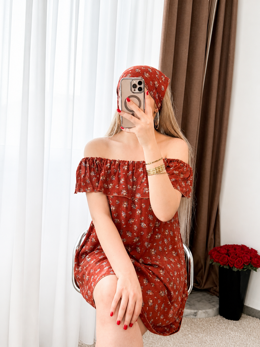 Robe 2 pièces courte à fleurs fond marron SINATA