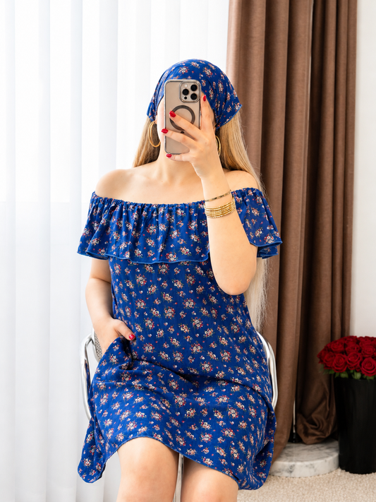 Robe 2 pièces courte à fleurs fond bleu SINATA