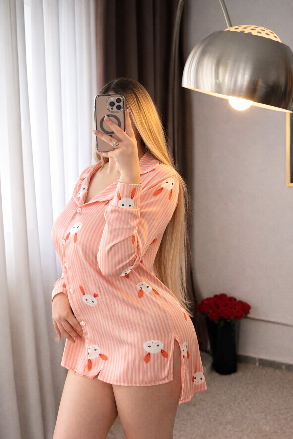 Chemise de nuit a rayure saumon motif BUNNY