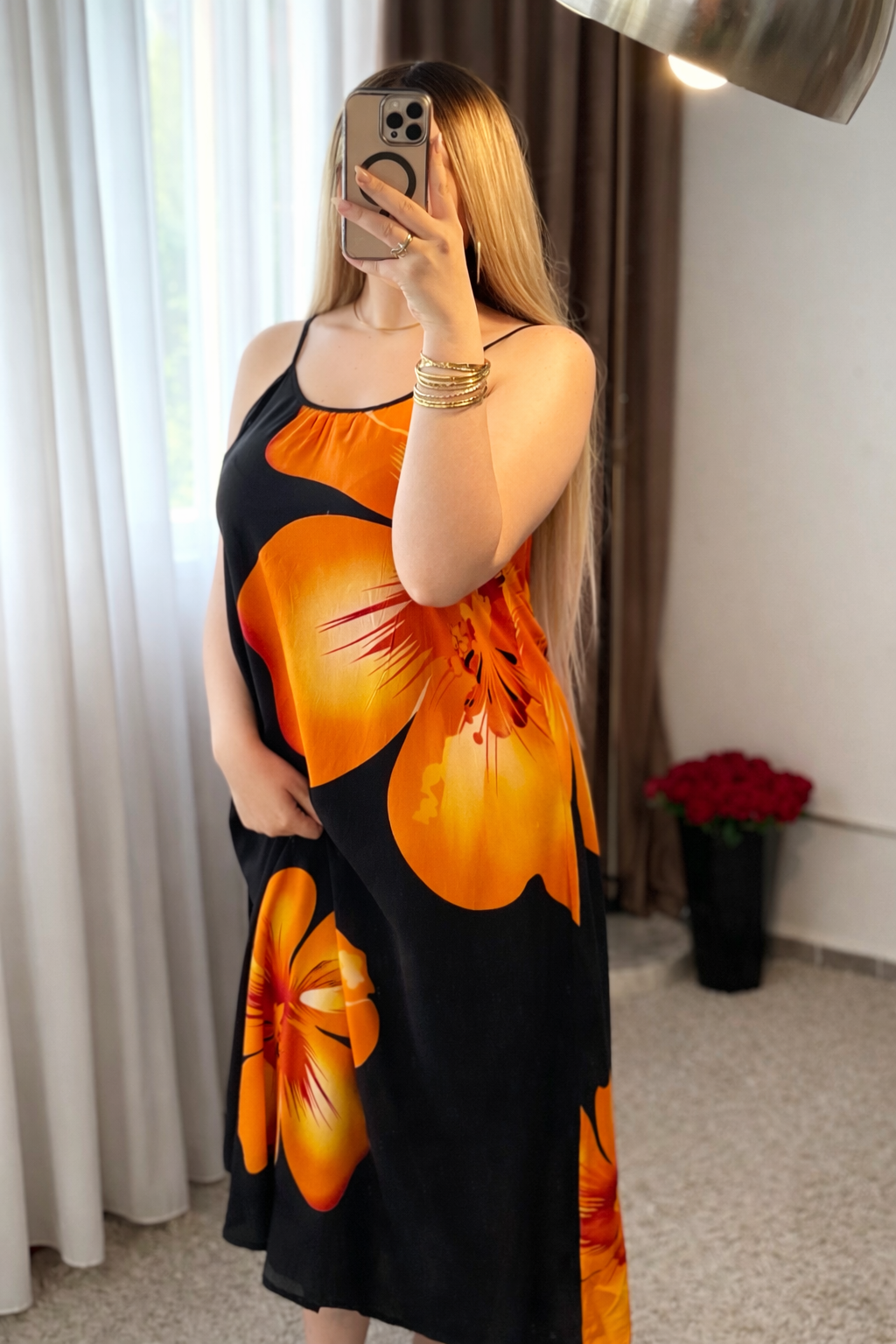 Robe noir motif a fleur orange FASTINA