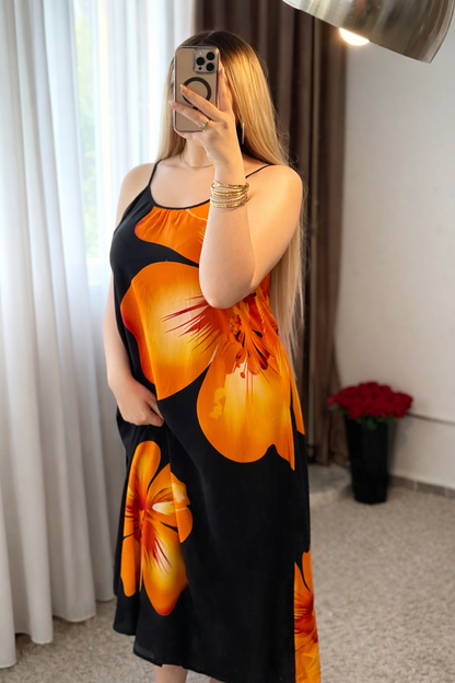 Robe noir motif a fleur orange FASTINA