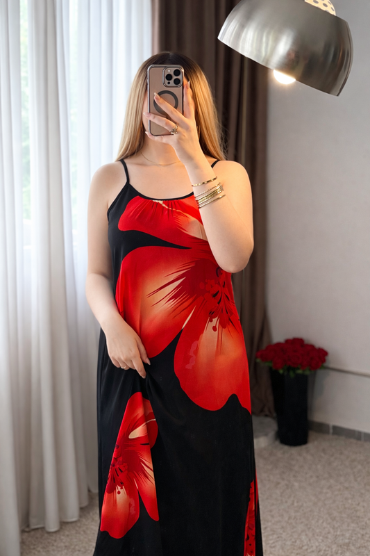 Robe nuisette noir motif a fleur rouge FASTINA