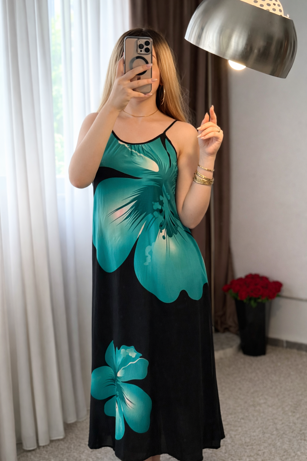 Robe noir motif a fleur vert FASTINA