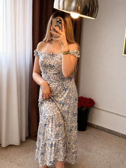 Robe long blanc a motif a fleur bleu LANILA