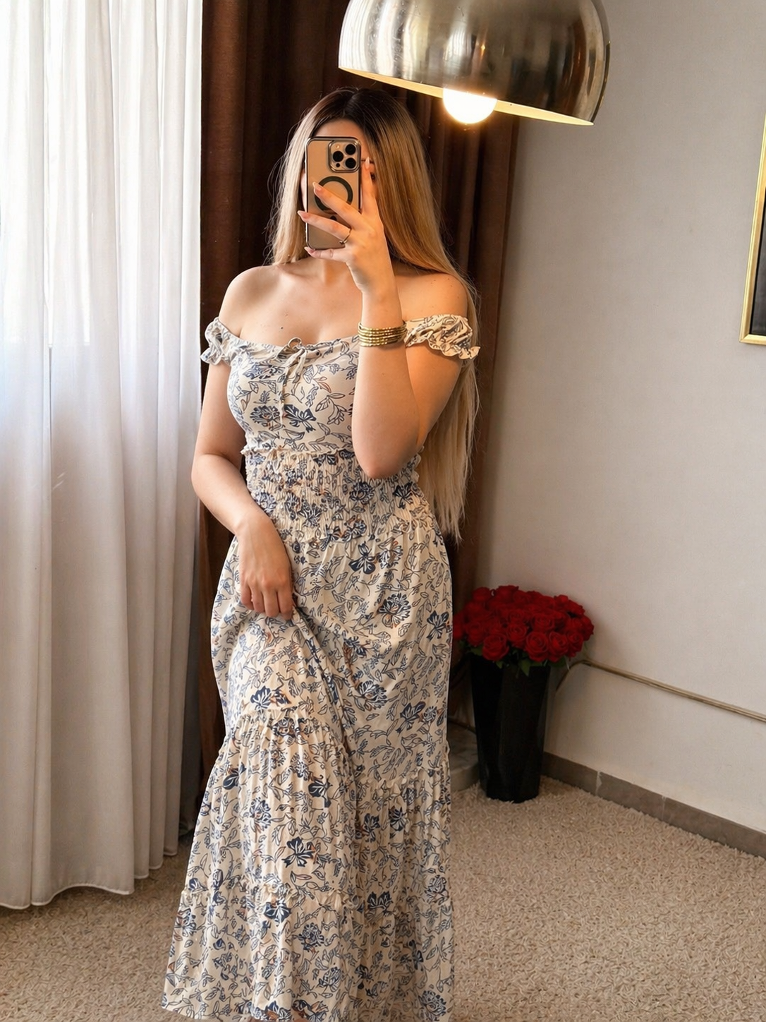 Robe long blanc a motif a fleur bleu LANILA