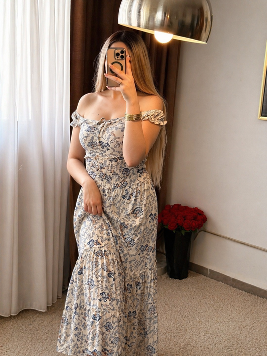 Robe long blanc a motif a fleur bleu LANILA