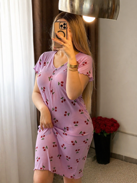 Robe nuisette violet motif cerises ADINO