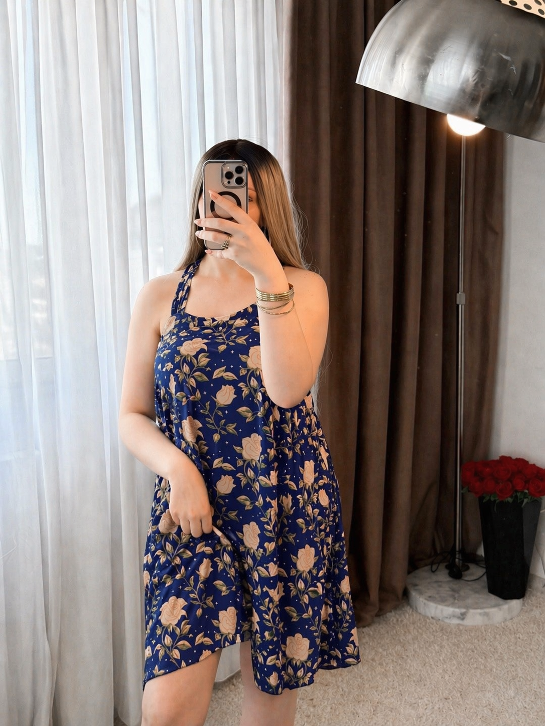 Robe bleu motif a fleur beige VINAVI
