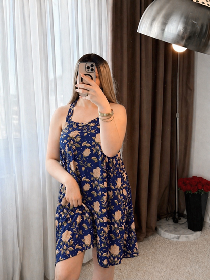 Robe bleu motif a fleur beige VINAVI