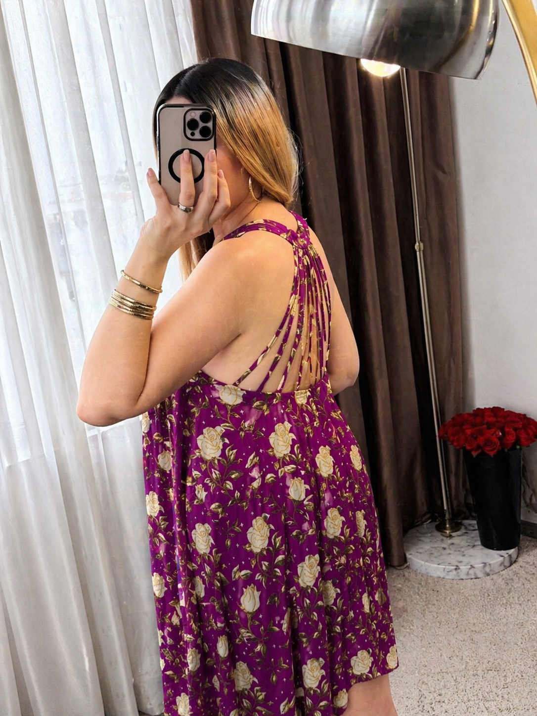 Robe fushia motif a fleur beige VINAVI