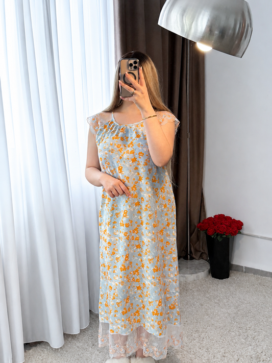 Robe nuisette bleu ciel motif a fleur orange NISSA