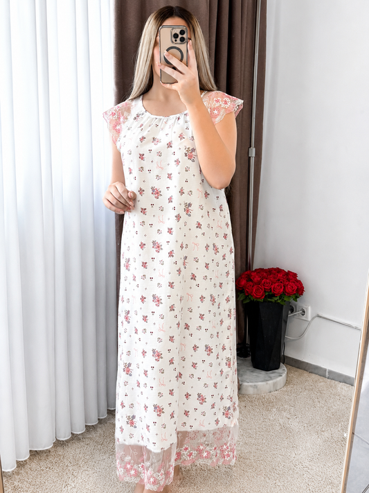 Robe nuisette blanc motif a fleur rose NISSA