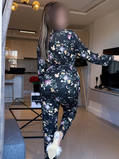 Ensemble 3 pièces kimono pantalon noir à fleur vert SONATA