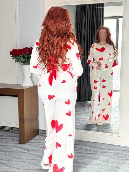 Pyjama patalon manche long blanc femme motif cœurs rouge FLAUNA