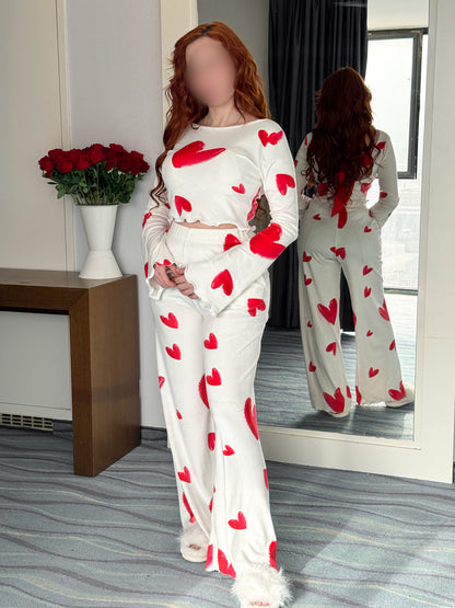 Pyjama patalon manche long blanc femme motif cœurs rouge FLAUNA