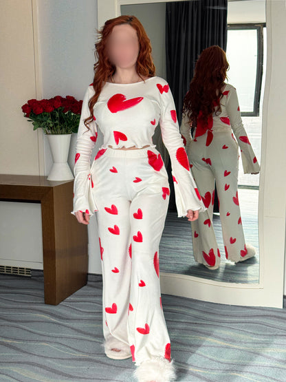 Pyjama patalon manche long blanc femme motif cœurs rouge FLAUNA