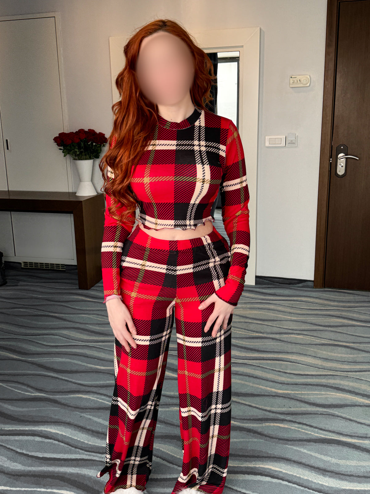 Pyjama patalon manche long à carreaux rouge noir femme RAYZO
