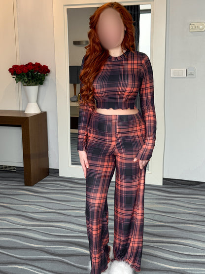 Pyjama patalon manche long à carreaux marron bleu femme RAYZO