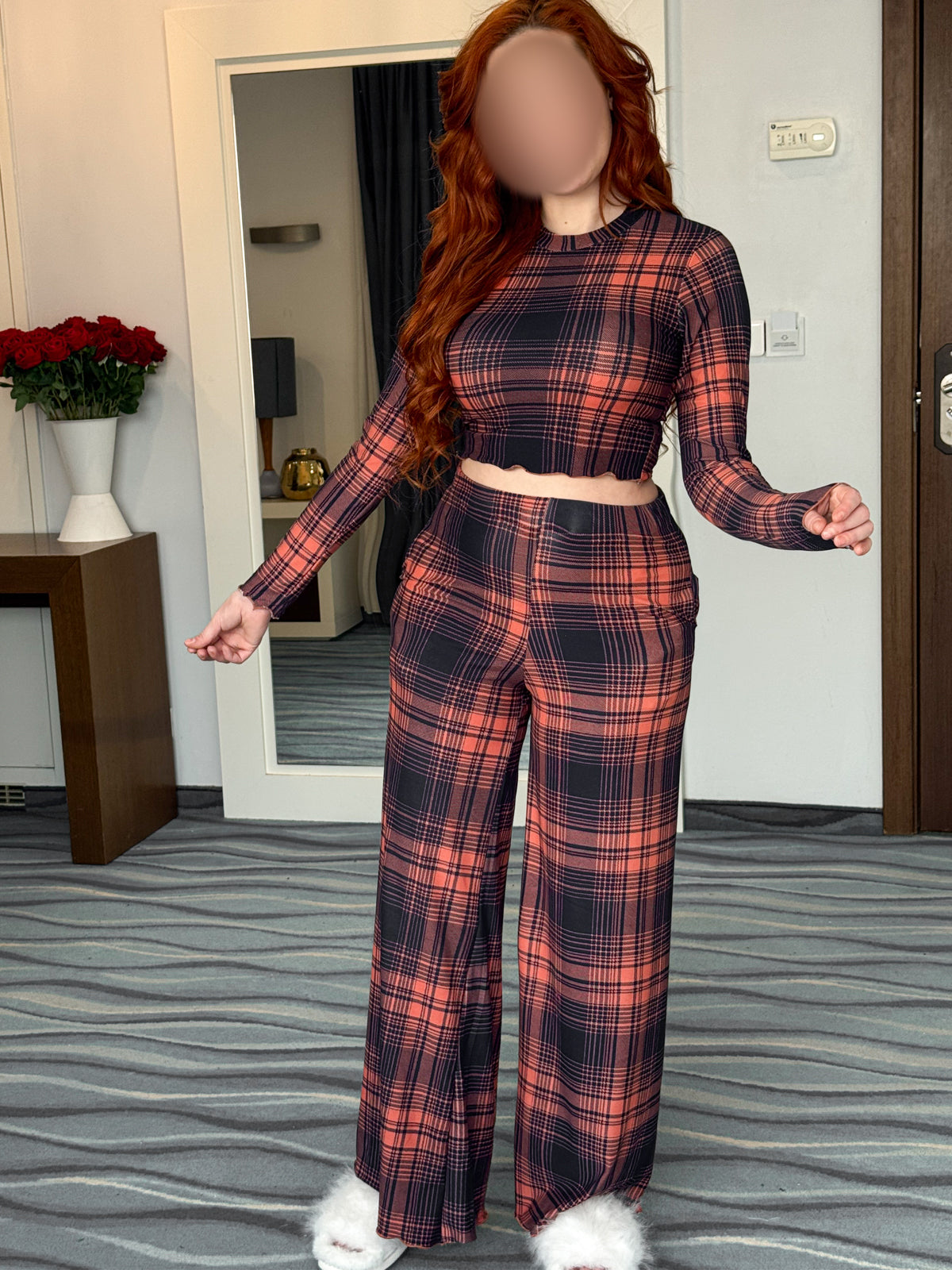 Pyjama patalon manche long à carreaux marron bleu femme RAYZO