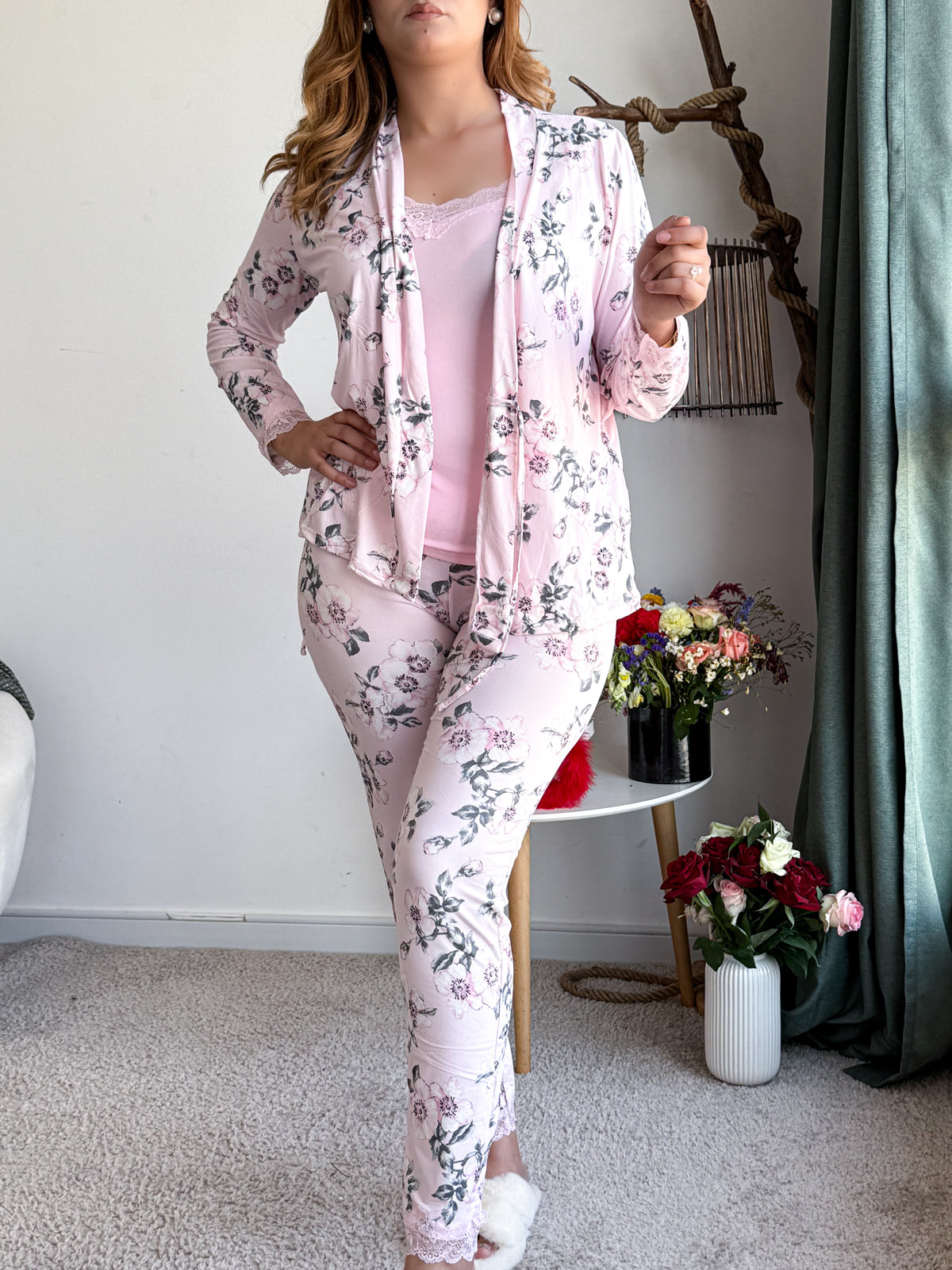 Ensemble 3 pièces rose a motif a fleur BOA