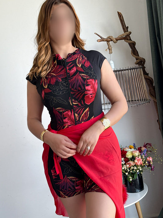 Maillot de bain 2 pièces combi noir a motif rouge  AZURE