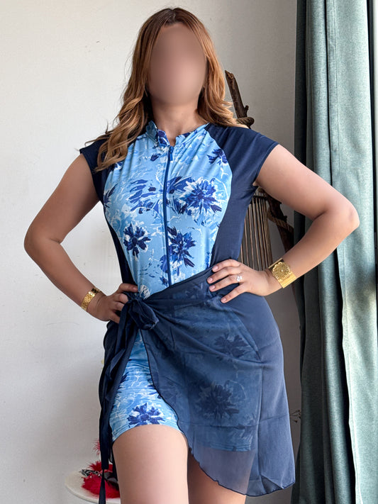 Maillot de bain 2 pièces combi bleu a motif paréo bleu AZURE