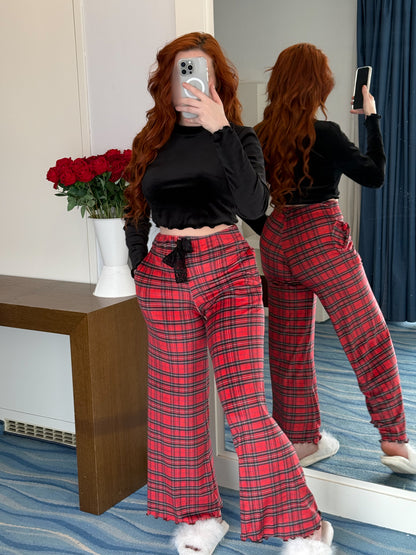 Pyjama patalon manche long motif à carreaux noir SALINE