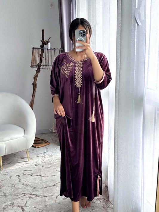 Robe d'hôtesse velours aubergine HANDA