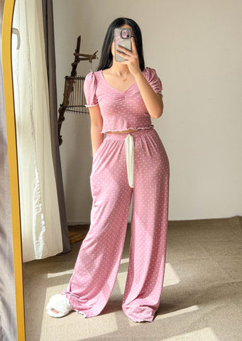 Pyjama crop-top demi manche rose à petits coeurs femme LIATRIS
