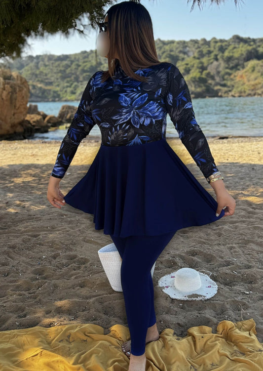 Burkini 3 pièces  bleu nuit a motif bleu Océane