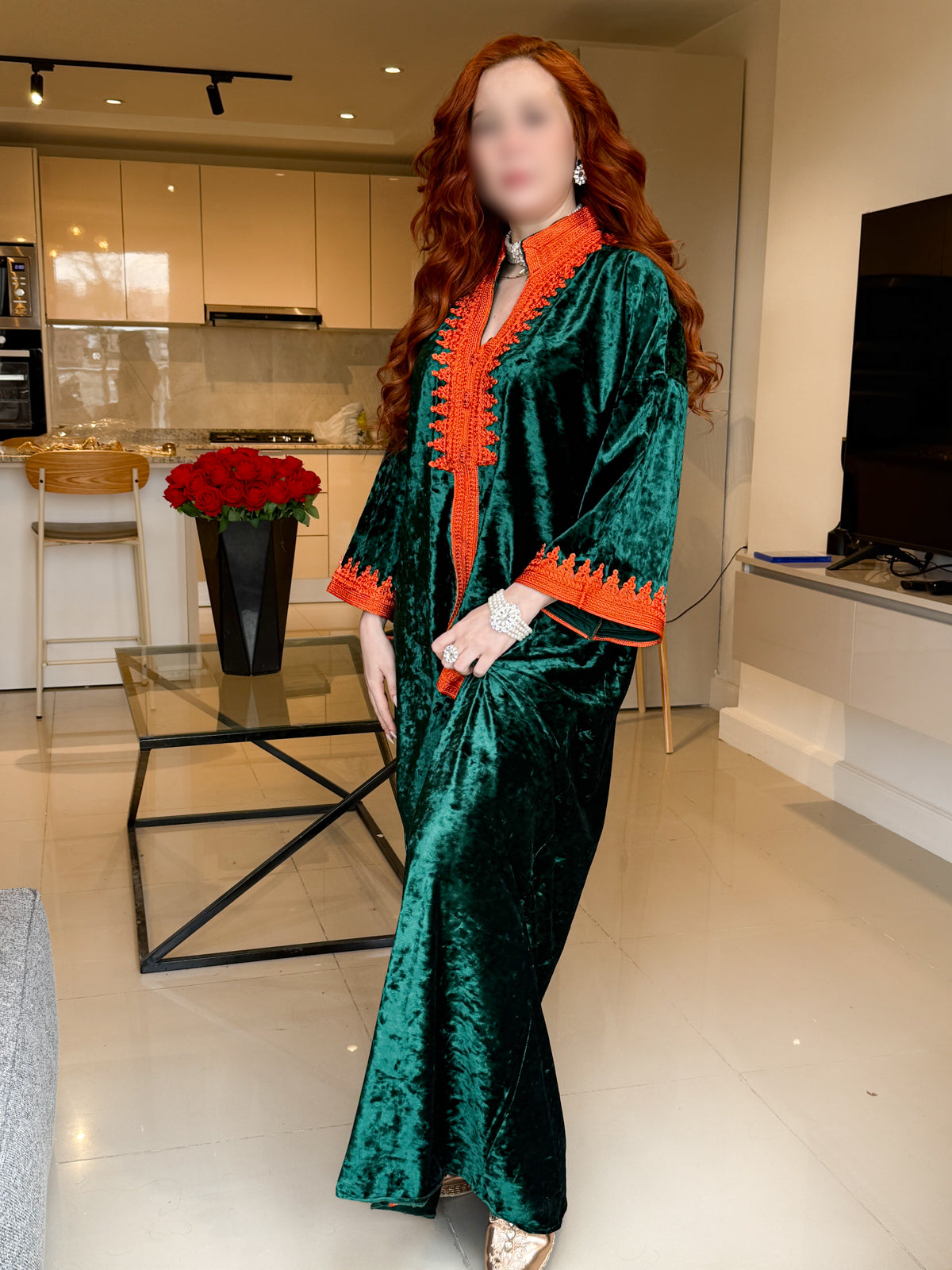 Jebba velours vert galon orange SULANA
