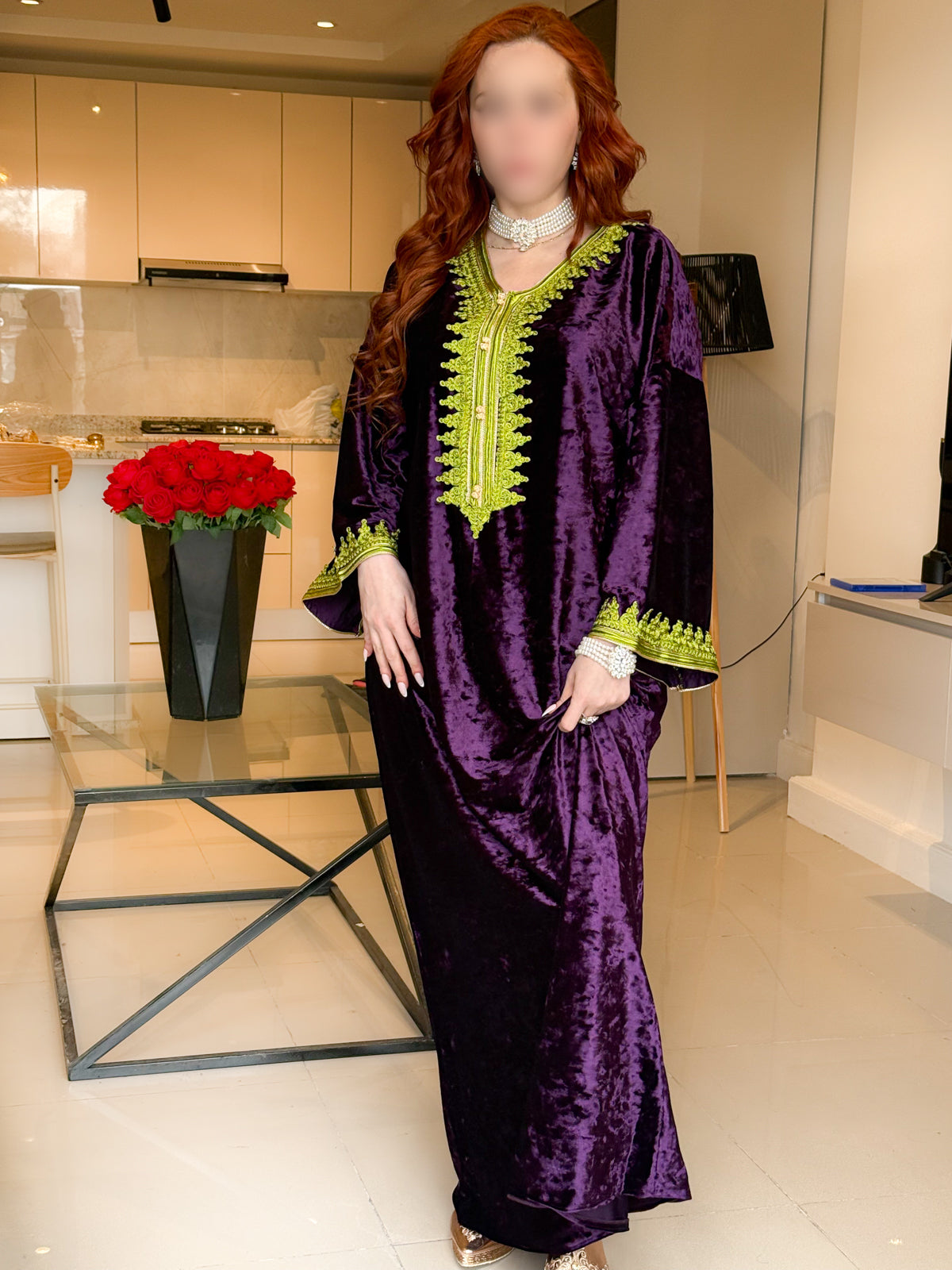 Jebba velours mauve galon vert LINATA