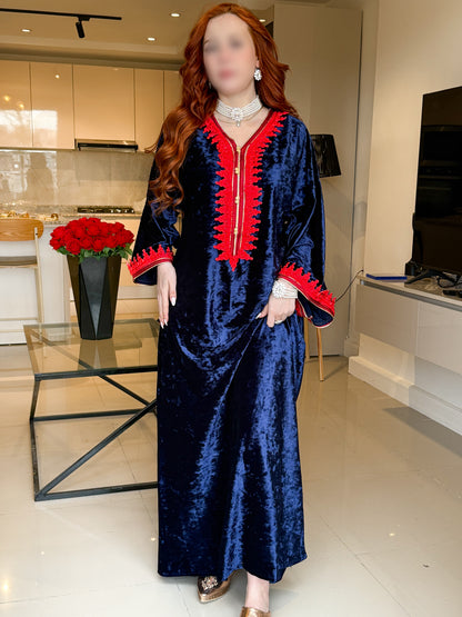 Jebba velours bleu nuit galon rouge LINATA