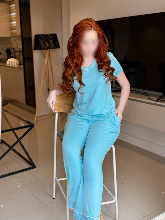 Pyjama demi manche pantalon uni bleu ciel DALINA