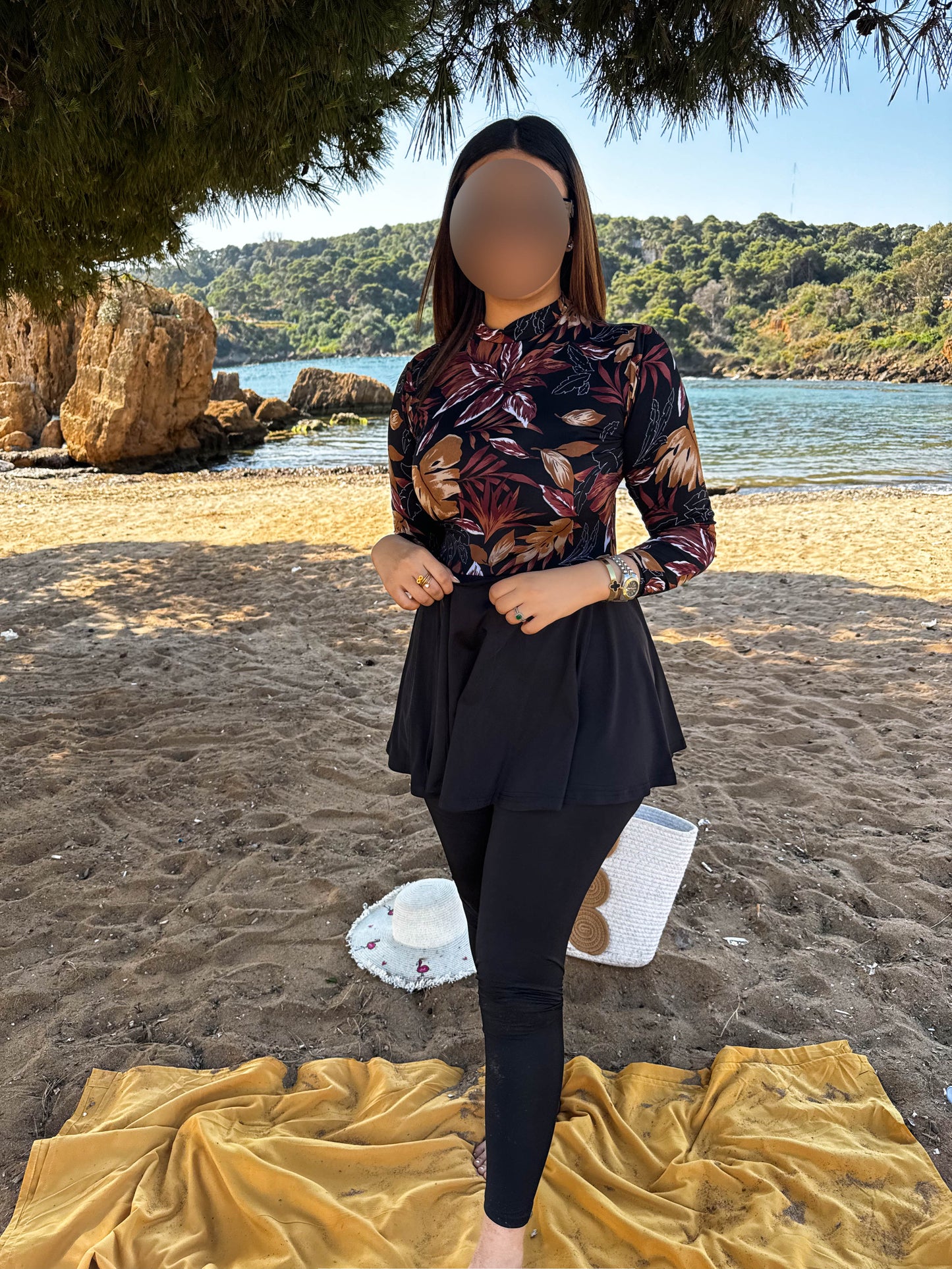 Burkini 3 pièces  noir a motif marron Océane