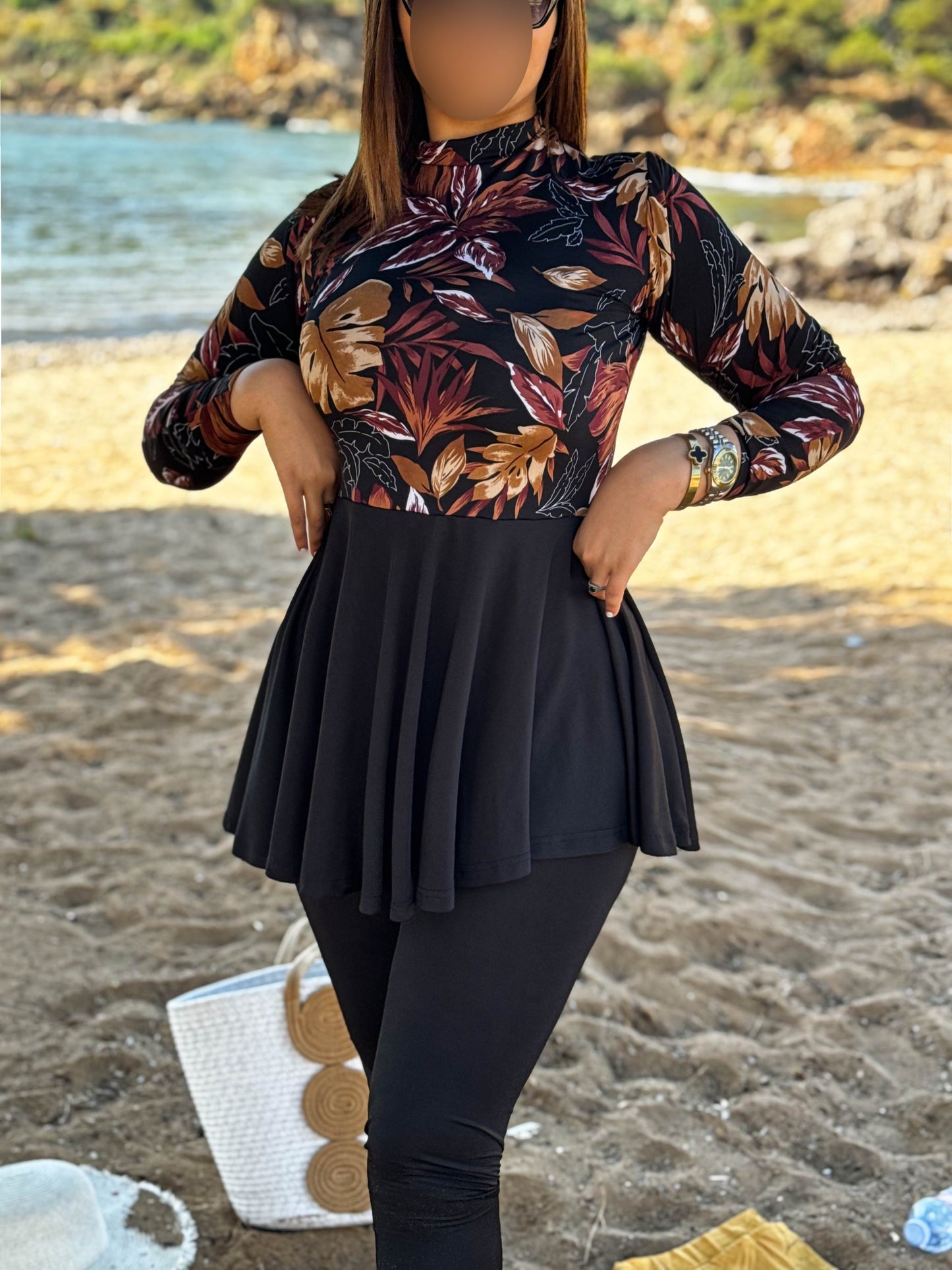 Burkini 3 pièces  noir a motif marron Océane