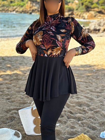 Burkini 3 pièces  noir a motif marron Océane