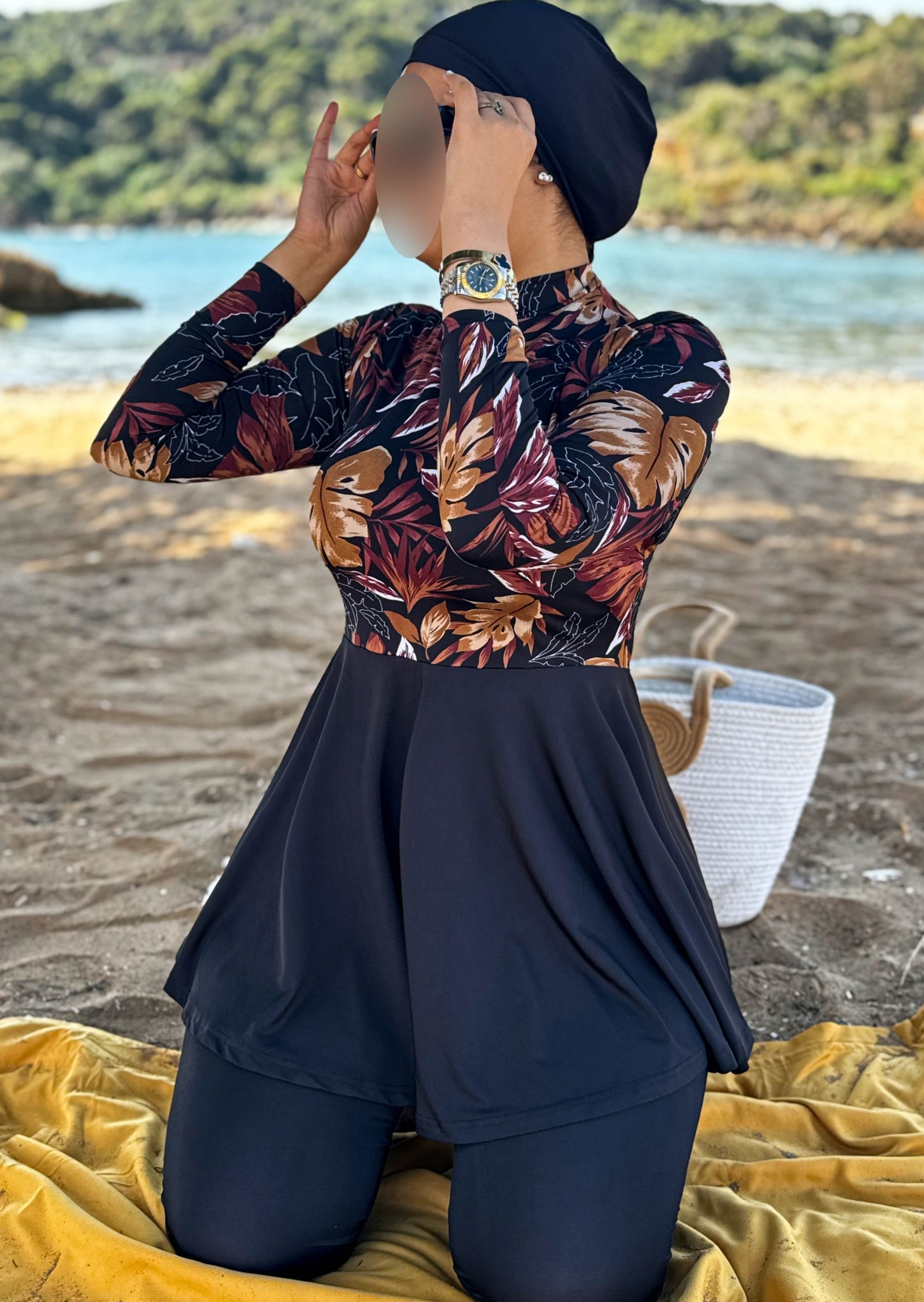 Burkini 3 pièces  noir a motif marron Océane