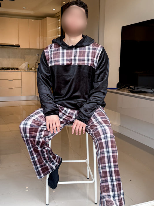 Pyjama à capuche pantalon à carreaux marron homme TAYRI