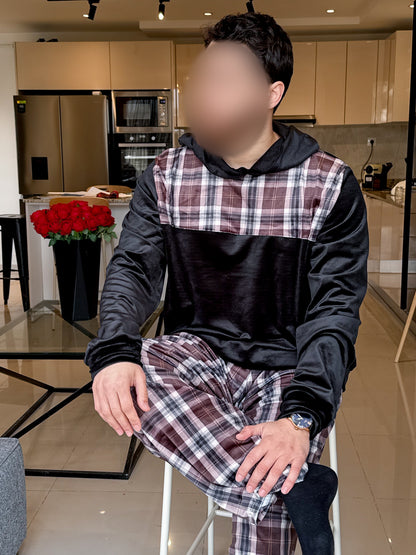 Pyjama à capuche pantalon à carreaux marron homme TAYRI