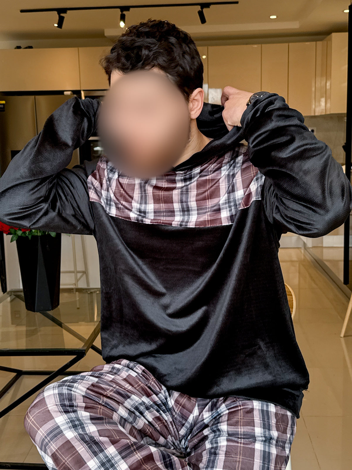 Pyjama à capuche pantalon à carreaux marron homme TAYRI